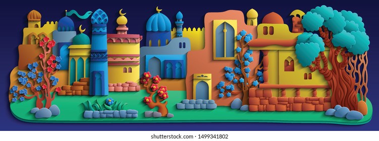 Vector modern illustration. Landscape with nature and a buildings. Trendy craft style color card design. 3d effect imitation