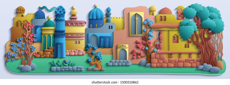 Vector modern illustration. Landscape with nature and a buildings. Trendy craft style color card design. 3d effect imitation