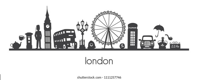 Vector modern illustration London of famous british symbols and attractions. Horizontal panoramic scene for banner or print design. Simple minimalistic style of black doodle silhouette skyline.