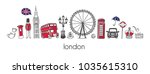 Vector modern illustration London with hand drawn doodle british symbols. Horizontal panoramic scene for banner or print design. Simple minimalistic style with black outline and red elements.