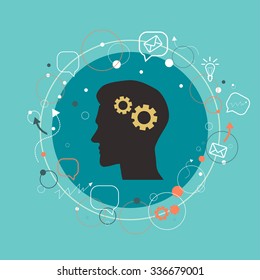 Vector modern illustration. Man silhouette profile, thinking process. 