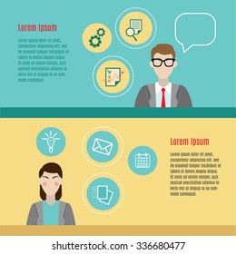 Vector modern illustration. Office people. Man and woman. Activity vector icons. Office work flow. 
