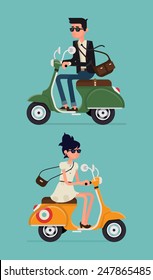 Dibujo vectorial moderno de personajes jóvenes y mujeres hipster montados en motos retro rápido usando lentes de sol, aislados| Estilo de vida urbano moderno ilustración abstracta de jóvenes dinámicos