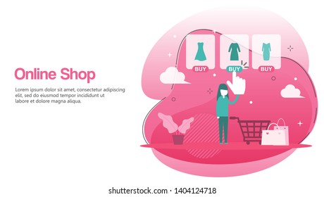 Vector modern illustration online shop woman buy click cart bag concept. Flat color isolated on white background. Can use for banner, cover. card, presentation, landing page website