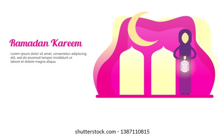 Vector modern illustration people girl lantern moon mosque ramadan concept. Flat color isolated on white background. Can use for banner, cover. card, presentation, landing page website