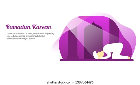 Vector modern illustration people prayer bow down salah mosque ramadan concept. Flat color isolated on white background. Can use for banner, cover. card, presentation, landing page website