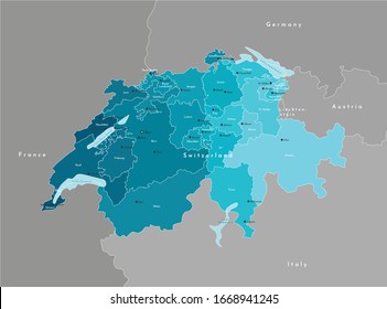 Vector modern illustration. Simplified administrative map of Switzerland and borders neighboring countries. Light blue shapes of lakes. Names of swiss cities and regions (cantons)