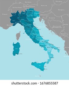 Ilustración moderna vectorial. Mapa administrativo simplificado de Italia y fronteras con los países europeos vecinos. Fondo azul de los mares. Nombres de ciudades y regiones italianas.