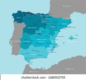 Vector modern illustration. Simplified administrative map of Spain and border with neighboring countries (France, Portugal). Blue background of seas. Names of spanish cities and autonomous communities