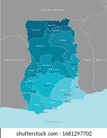 Vector modern illustration. Simplified administrative map of Ghana and and border with neighboring countries. Blue background of Gulf of Guinea. Names of Ghana regions and these capitals