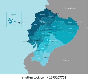 Vector modern illustration. Simplified administrative map of Ecuador and border with neighboring countries. Blue background of Pacific Ocean. Names of Ecuadorian cities and provinces.