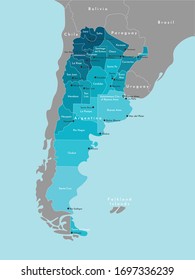 Vector modern illustration. Simplified administrative map of Argentina and borders with neighboring countries. Blue background of seas and oceans. Names of Argentinean cities and provinces