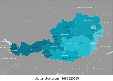 Vector modern illustration. Simplified administrative map of Austria. It is bordered by Germany, Czech Republic, Italy, Switzerland and etc. Names of austrian cities and states. Blue and grey colors