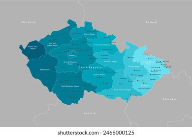 Vector modern illustration. Simplified administrative map of Czech Republic. Border with nearest states Austria, Germany and etc. Blue shapes of regions. Names of cities and regions