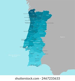 Vector modern illustration. Simplified administrative map of Portugal. Border with nearest state Spain. Blue background of seas. Names of cities and Districts