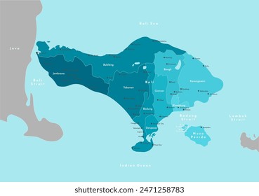 Vector modern illustration. Simplified administrative map of Bali, Indonesia. Border with nearest islands Java, Nusa Penida and etc. Blue background of seas. Names of cities, villages and Regencies