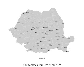 Vector modern illustration. Simplified administrative map of Romania. Grey shape with white outline. Names of cities and regions, counties