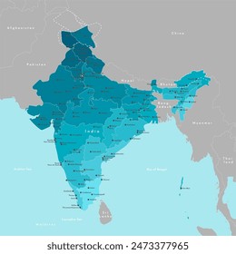 Ilustración moderna de Vector. Mapa administrativo simplificado de la India. Frontera con los países más cercanos: China, Pakistán, etc. Fondo azul de los mares. Nombres de ciudades y regiones fronteras