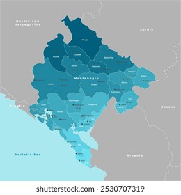 Ilustração moderna de vetor. Mapa administrativo simplificado do Montenegro. Fronteira com os Estados mais próximos Sérvia, Croácia, etc. Fundo azul do mar Adriático. Nomes de cidades e municípios