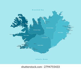 Vector modern illustration. Simplified administrative map of Iceland. Blue background of Atlantic Ocean and Greenland sea. Names of some cities, towns and regions