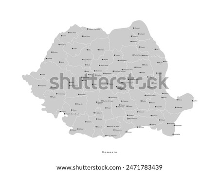 Vector modern illustration. Simplified administrative map of Romania. Grey shape with white outline. Names of cities and regions, counties