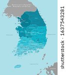 Vector modern illustration. Simplified geographical  map of South Korea (Republic of Korea) with North Korea on border. Blue background of Yellow sea and Japanese sea. Names of cities and provinces