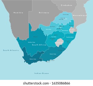 Vector modern illustration. Simplified geographical  map of Republic of South Africa (and borders with neighboring countries Lesotho, Namibia, Botswana, Zimbabwe, Mozambique, Eswatini)