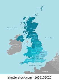 Vector modern illustration. Simplified geographical  map of United Kingdom of Great Britain and Northern Ireland (UK). Blue background of Irish sea, North Sea, North Atlantic. Names of cities, regions svg