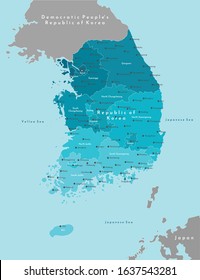 Vector modern illustration. Simplified geographical  map of South Korea (Republic of Korea) with North Korea on border. Blue background of Yellow sea and Japanese sea. Names of cities and provinces