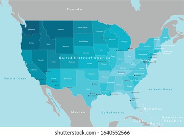 Vector modern illustration. Simplified geographical  map of United States of America (US) and neighboring countries. Blue background of oceans. Names of the cities and states.