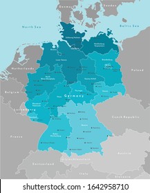 Vector modern illustration. Simplified geographical  map of Germany and nearest european states. Blue background of North and Baltic seas. Names of deutsch cities and provinces.