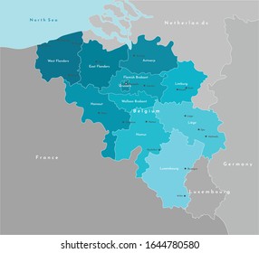 Vektorillustration, moderne Illustration. Vereinfachte geografische Karte von Belgien und den nächstgelegenen Ländern. Blauer Hintergrund der Nordsee. Namen belgischer Städte und Provinzen.