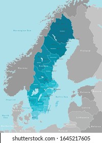 Vector modern illustration. Simplified geographical  map of Sweden and nearest countries. Blue background of seas. Names of swedish cities (Malmö, Gothenburg) and provinces.