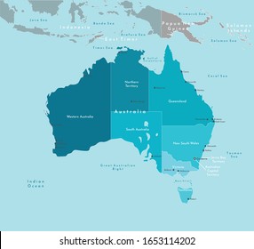 Vector modern illustration. Simplified geographical  map of Australia and nearest areas (Indonesia, Papua New Guinea and etc). Blue background of Indian ocean and seas. Names of Australian cities