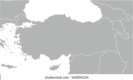 Ilustración moderna vectorial. Mapa gris geográfico simplificado de Turquía y los estados más cercanos (Siria, Grecia, Bulgaria, Irán, etc.) Fondo blanco del Mar Negro y Mediterráneo.