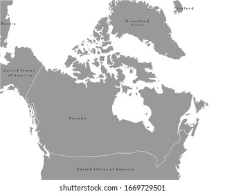 Vektorillustration, moderne Illustration. Vereinfachtes graues geografisches Verzeichnis Kanadas und nächstgelegene Gebiete. Weißer Hintergrund der Meere und Ozeane