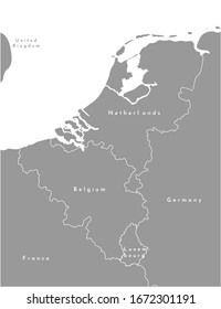 Vector modern illustration. Simplified grey political map of states of Benelux Union and neighboring areas. White background of North Sea. 