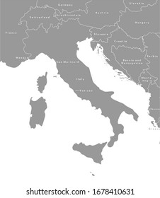 Vector modern illustration. Simplified grey map of Italy in the centre and borders with neighboring european countries. White background and outlines.