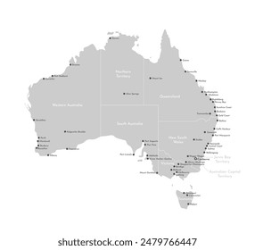 Vector modern illustration. Simplified isiolated on white background administrative map of Australia. Names of Australian cities, borders of regions. Grey shapes