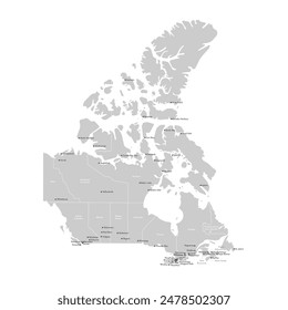 Ilustración moderna de Vector. Mapa administrativo aislado simplificado de Canadá en colores grises. Fondo blanco y contorno. Nombres de las ciudades de Ottawa, Toronto y etc. y provincias.