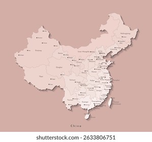 Ilustração moderna de vetor. Mapa administrativo isolado simplificado da China, RPC, em cores beges. Fundo e contornos castanhos. Nomes de algumas cidades Pequim, Hong Kong e províncias chinesas