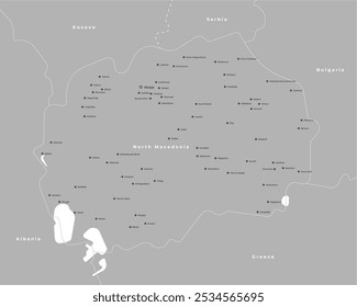 Vector modern illustration. Simplified map of North Macedonia. Border with nearest states Greece, Bulgaria and etc in grey colors. Names of cities and villages in English