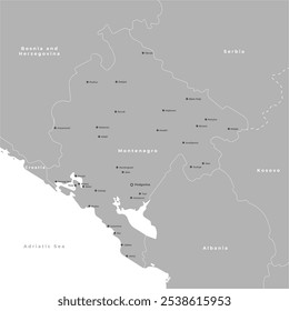 Ilustração moderna de vetor. Mapa simplificado de Montenegro. Fronteira com os Estados mais próximos Sérvia, Croácia, etc. Cor cinza. Texto com nomes das cidades em inglês