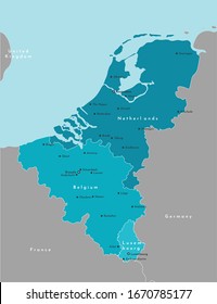 Vector modern illustration. Simplified political map of states of Benelux Union and neighboring areas. Blue background of North Sea. Names of largest cities of Belgium, Netherlands, Luxembourg.