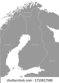 Vector modern illustration. Simplified political map, Finland is in the center bordered by Sweden, Norway, Russia. Grey color, white outline.