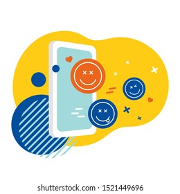 Vector modern illustration of smartphone and social network. Emoji icon. Phone with touch screen. 