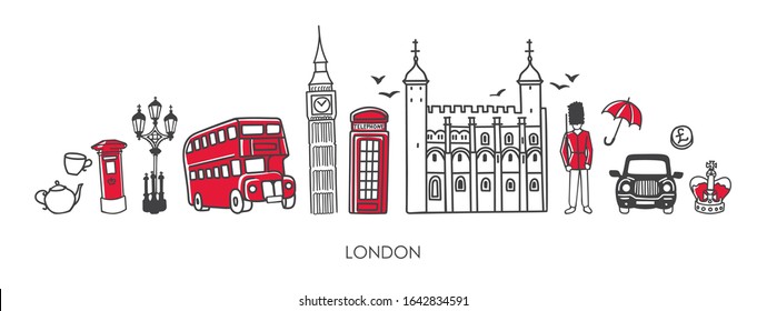 Vector modern illustration symbols of London, the UK. Famous British attractions in simple minimalistic style with black outline and red elements. Horizontal skyline banner or souvenir print design. 