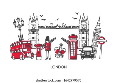 Vector modern illustration symbols of London, the UK. Famous British attractions in panoramic composition in the simple minimalistic style. Horizontal skyline banner or souvenir print design. 