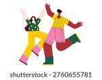 vector modern illustration of two happy people dancing together, expressing joy, freedom and movement in playful flat style with vibrant shapes, youthful energy and positive lifestyle mood