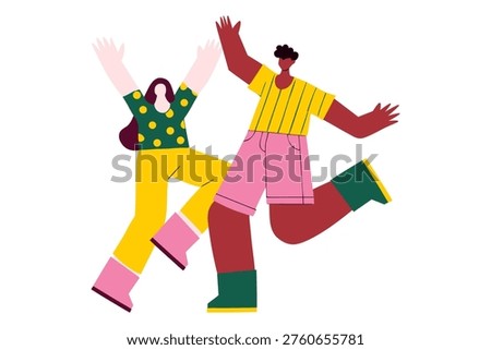 vector modern illustration of two happy people dancing together, expressing joy, freedom and movement in playful flat style with vibrant shapes, youthful energy and positive lifestyle mood
